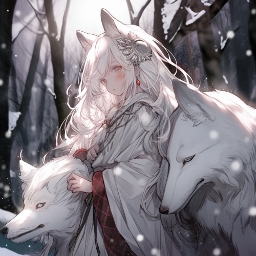 小女孩，白色头发，头上一对鹿角，手捧月球，白色吊带裙，流泪的眼睛，站在大雪森林里，有一只白色的狼在她身旁
