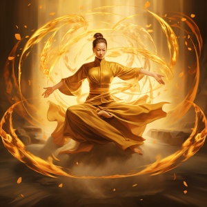 神秘中国女法师及其太极八卦图金光背景