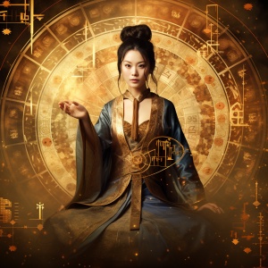 一个神秘的中国女法师，八卦图，金光背景