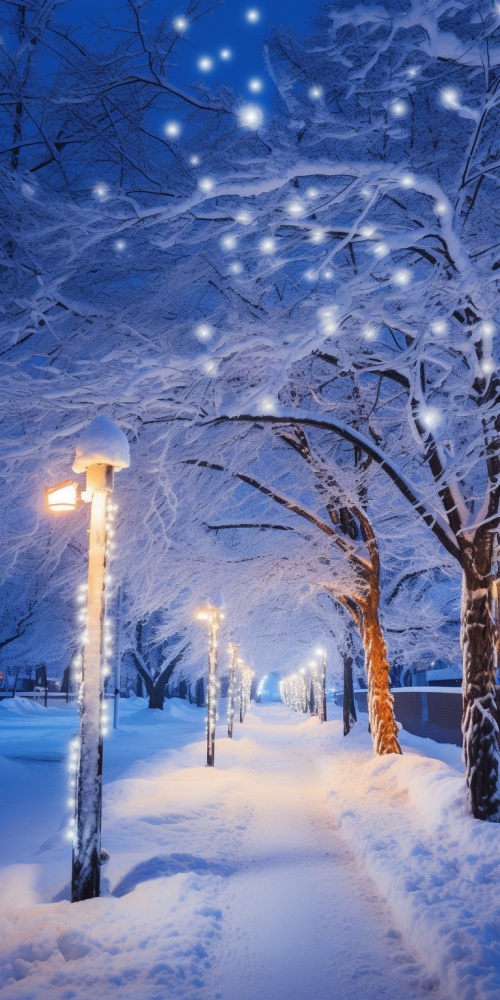 冬天夜晚雪景，村庄被大雪覆盖，史诗般的景色，平房和树木被厚厚的积雪覆盖，璀璨夺目的天空，雪在橙黄色路灯的照耀下舞蹈，透视超现实，超广角，摄影明亮柔和，意境优美，精细，超精细细节，超高清画质，超精致