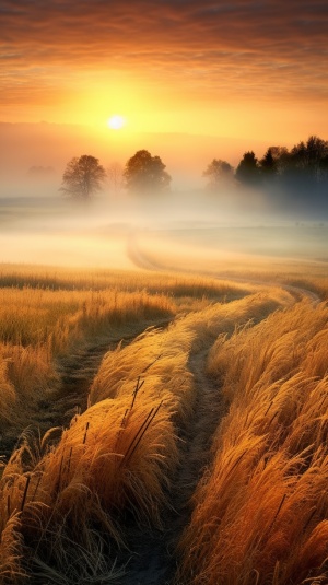 秋天，九曲十八弯，大草原，初升的太阳照耀在大草原上，草原上的草呈现金黄色，带点绿色，真实场景，蒙蒙的晨雾。