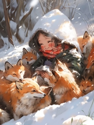 小巧玲珑幼儿年纪的九尾狐与小伙伴在雪地里玩耍