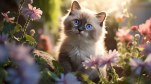 蓝色眼睛的布偶猫在花丛中展现兴奋表情