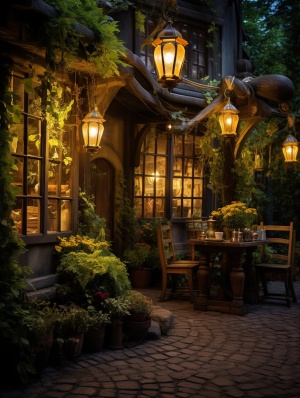 花园里的小酒馆，灯笼下的黄光