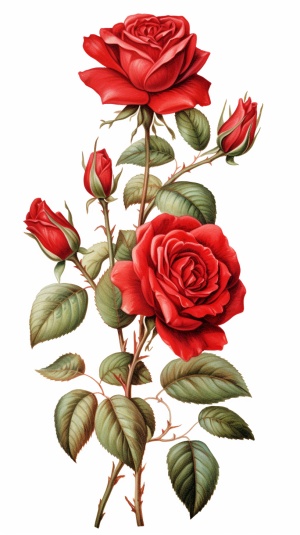 手绘欧式玫瑰花，玫瑰花有红色和白色，带叶子，有开花了，有含苞待放的
