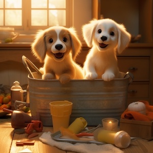 两只小狗一起打扫卫生