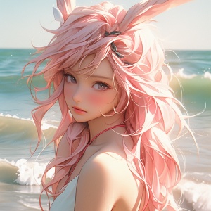 绚丽海滩上的粉头发少女