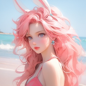 绚丽海滩上的粉头发少女