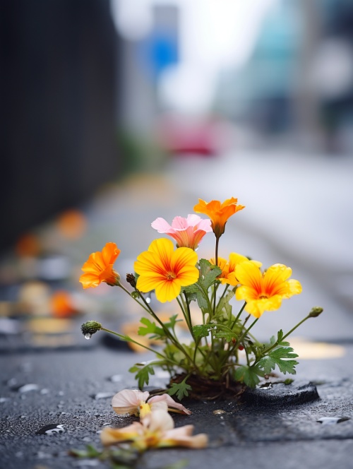几朵盛开的小花在生长在小路旁，超写实照片,中国花朵非常艳丽,背景为bokeh,佳能R5,50mm f22,照片写实,特写