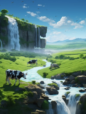 cows standing next to a waterfall in a green fieldperspective rendering large-scale installationsNorthern China's terrain light green and black