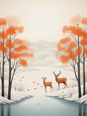 two deers working in a snowy grove beside mountain and river,birds in the sky,minimalist illustration,i n the style of Alessandro Gottardo,surrealism,orange-red and white,bird-eye view,spare layout,exquisite detail,best quality