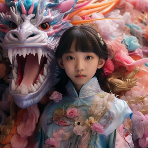 Surrealistic children's photography, close-up, a beautiful Chinese girl, 5 years old, surrounded by a huge colorful embroidered dragon, light gray, light magenta, and light blue, dressed in gorgeous Hanfu, light gray, light magenta, and light blue ar 3:4 v 6.0