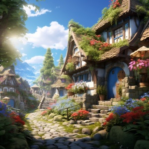 晴空万里，童话小屋，花草