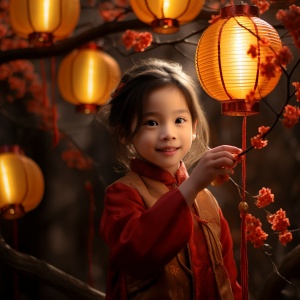 Surrealistic children's photography, Chinese lanterns, printed with dragon patterns, surrounded by red plum blossoms, close-up, a beautiful Chinese girl standing in front of the lantern, smiling, 4-year-old, dressed in gorgeous Hanfu, red and yellow alternating, grand scene, minimalism, Chinese dragon, surrealism, masterpieces, movie lighting ar 3:4 v 6.0