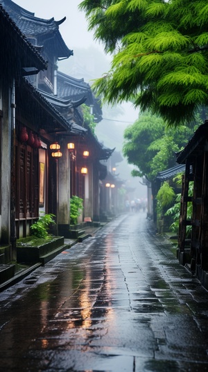 江南水乡近景，烟雨朦胧的超广角