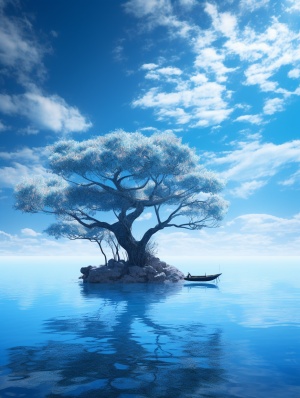 渐变的蓝色天空，与海面连为一体，以模糊，梦幻般的氛围，海中间有一棵树