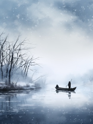 平静的江面，漫天的大雪，孤独的小船，穿蓑笠的渔翁，垂钓，迷蒙，意境美，水墨，高清，8k