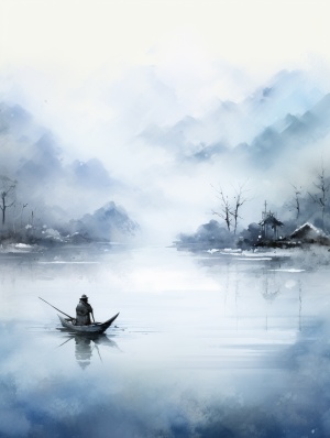 平静江面下的雪景与渔翁