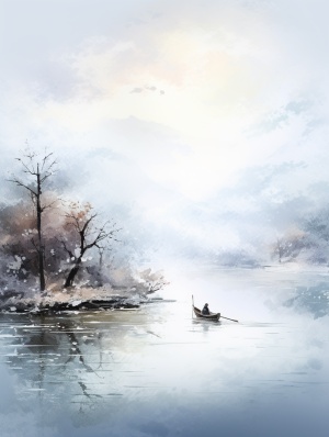 平静江面下的雪景与渔翁