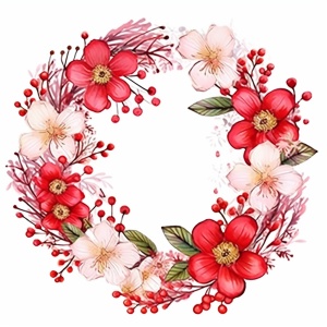 金丝滕花环，上面点缀着中国新年的元素，春天的野花，花环中间有一个福字，中国风