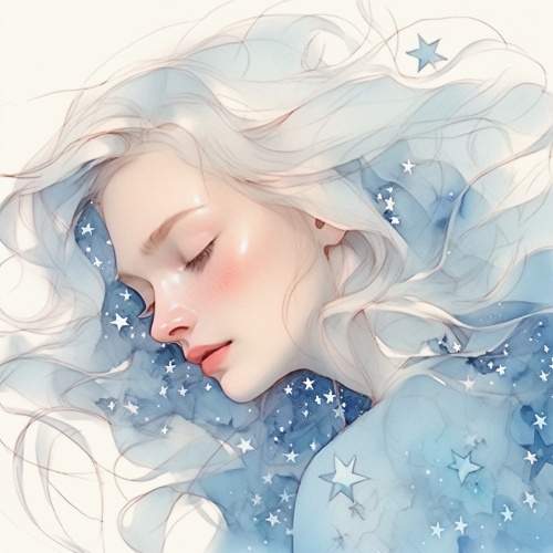 夜空繁星，幻化成银河长途列车，女孩轻柔的睫毛撩动起奇幻星雾，她微笑着将头部贴近星光点缀的蓝天，星光在她闭眼的那一瞬，安详地穿透她的身体，温柔地注入她的灵魂。