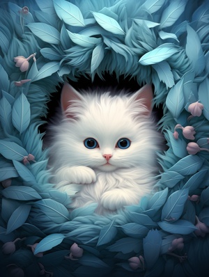 Whimsical Cat in a Cluster of Blue Feathers