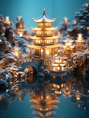 miniature japanese temple with lights on water, in the style of light aquamarine and gold, dreamy, romanticized cityscapes, made of crystals, oshare kei, chinapunk, white and gold, detailed character illustrations ar 3:4 v 6.0