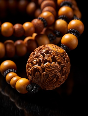 佛珠特写：精细雕刻、檀香木材质、和谐禅风格