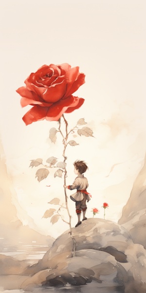 小王子深情的看着众多玫瑰中属于自己的那一朵，这朵玫瑰自己心里是多么的与众不同
