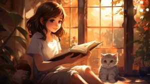 12岁的女孩，短发，温柔，大方，健康，看书，写字，窗外有树，有猫
