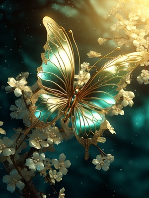 Golden Butterfly: Photorealistic 3D Rendering with Luminous Color Palette and Translucent Jade Effect