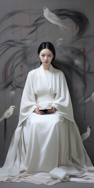 在黑暗中穿着白色丝绸长袍的中国人，以概念艺术，书法风格，优雅的平衡，pigeoncore，q hayashida，数字艺术奇观，鲜明的人物