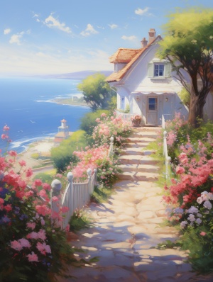 蔷薇花墙海边别墅，唯美浪漫油画