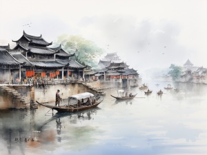 江南水乡，徽派建筑，水面有一座小桥，桥上人看着远处的古塔，超远景，中国古风风格，水墨画风格，张大千风格
