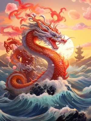 农历年，一只无翼的中国龙在海上遨游，背景为一座高山峰与日出