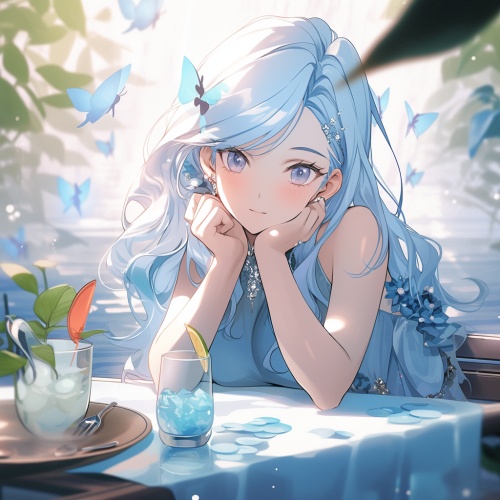 甜美女孩，穿湖蓝色衣服，坐在桌子旁边，手撑着腮，可爱，精致，浑身散发着柔和的光，