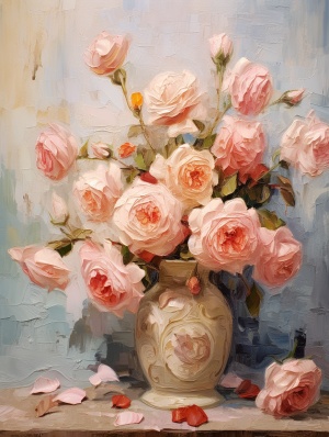 a pot of blooming roses,on the table,painting,still life,happy accidents,Vincent van hogh