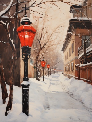 徐悲鸿传统油画: 红灯笼街道上的白雪之美