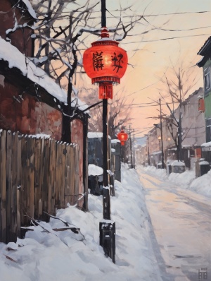 徐悲鸿传统油画: 红灯笼街道上的白雪之美