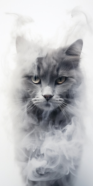 Close-up, lowered head, a cat made of smoke, floating in the air, by akos major,abstract, motion blur, frozen moment, stunning imagination, white and gray, dissipate, as silky as water
