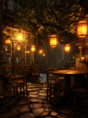 花园小酒馆，灯笼点亮黄光，铁艺桌椅曼妙相机真实
