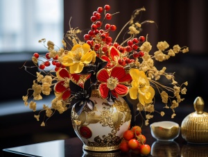 中国风格豪华装饰花瓶中的鲜花和水果