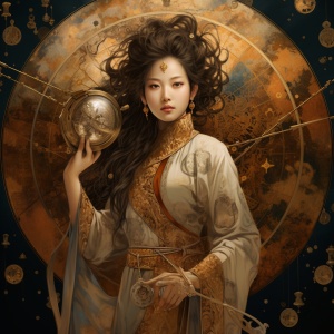 一个神秘的中国女占星师，星盘，金色
