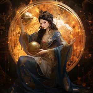 一个神秘的中国女魔法师，星盘，塔罗，金色