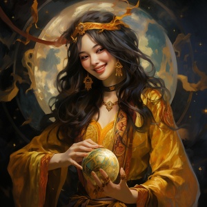 微笑的中国女魔法师与星盘塔罗之金色财富