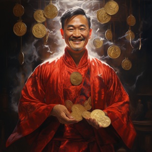 一个微笑的，中国女魔法师，穿着红衣服，星盘，金币，财富，金色，金光