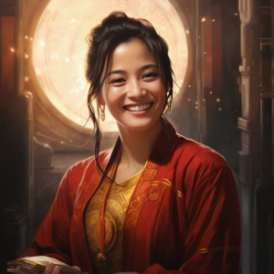 一个微笑的，中国的，女道士，穿着红衣服，星盘，金色，金光