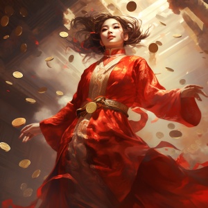 ，大眼睛的，中国的，女道士，穿着红衣服，星盘，金色，金光，金币从天而降