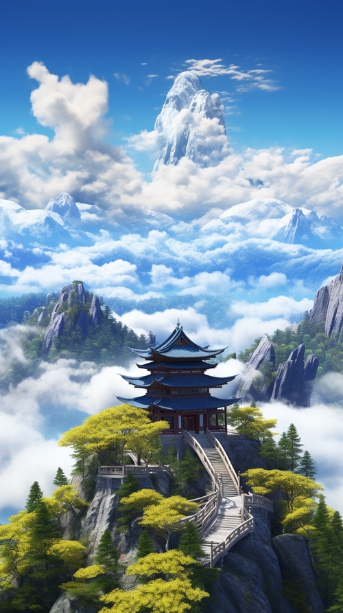 3D微观世界景，高山，云层，蓝天，亭子，超真实场景，高清