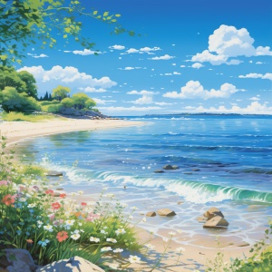 阳光灿烂的夏天，带来了绚丽多彩的景色。碧蓝的天空和洁白的云朵相映成趣，仿佛可以感受到大自然的喜悦之情。炽热的太阳照射下，绿草如茵，花朵绽放，营造出一片生机勃勃的景象。清澈的湖水波光粼粼，像一面镜子，倒映着蓝天和树影。细软的沙滩上，海浪轻拍着岸边，带来凉爽的海风，让人心旷神怡。夏日的田野，金黄一片，麦穗随风摇曳，宛如一幅丰收的画卷。